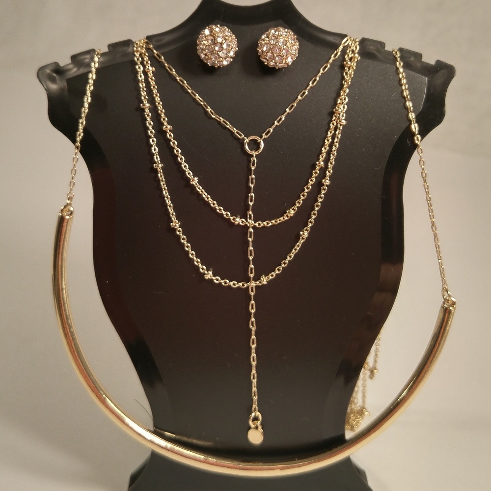 Necklace earring set gold multistrand rhinestone